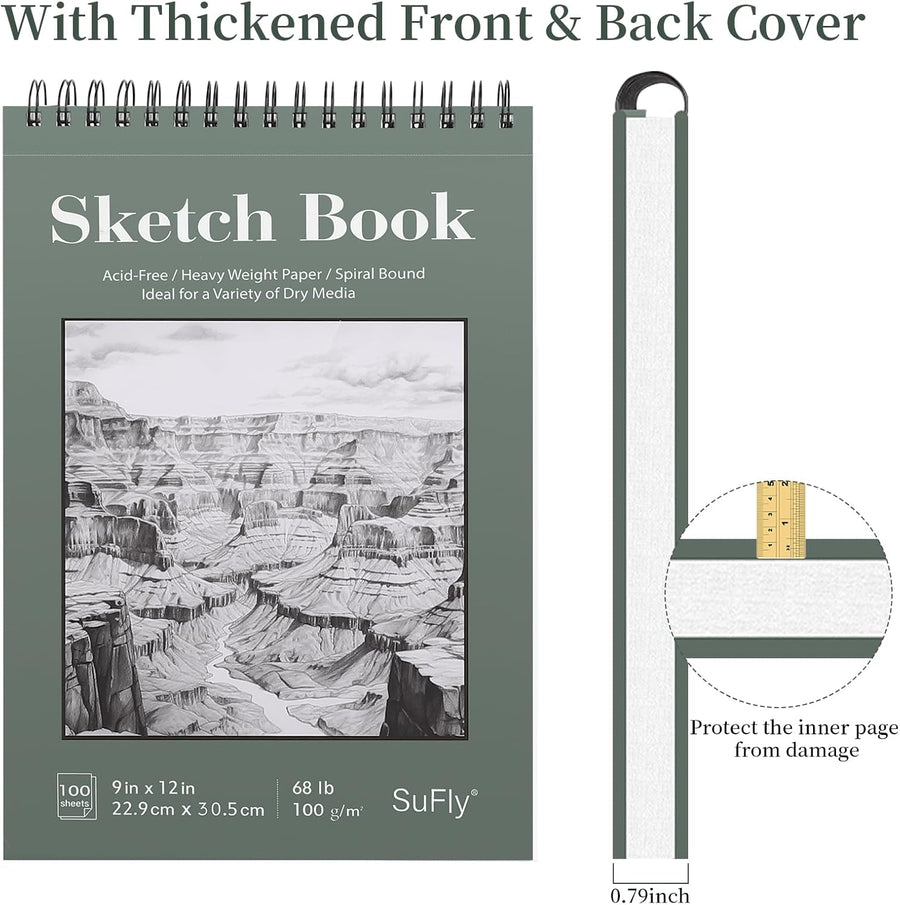 SuFly Sketch Book 9x12, Drawing Paper Pad-68lb/100gsm, Top Spiral Sketchbook Hardcover, 100 Sheets Sketch Pad for Kids Classroom Art Supplies for Adults-Sketchpad for Drawing, Illustration & Art Stuff