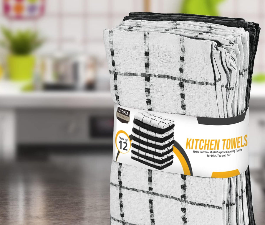 Utopia Towels - Kitchen Towels 12 Pack, 15 x 25 Inches, 100% Ring Spun Cotton Super Soft and Absorbent Linen Dish, Tea and Bar Towels Set, Black