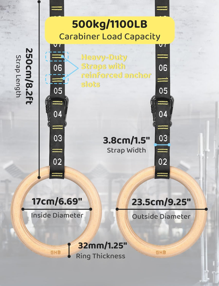 GHB 1.25" Olympic Rings Wooden Gymnastic Rings - Adjustable Straps, Workout Rings for Bodyweight Fitness