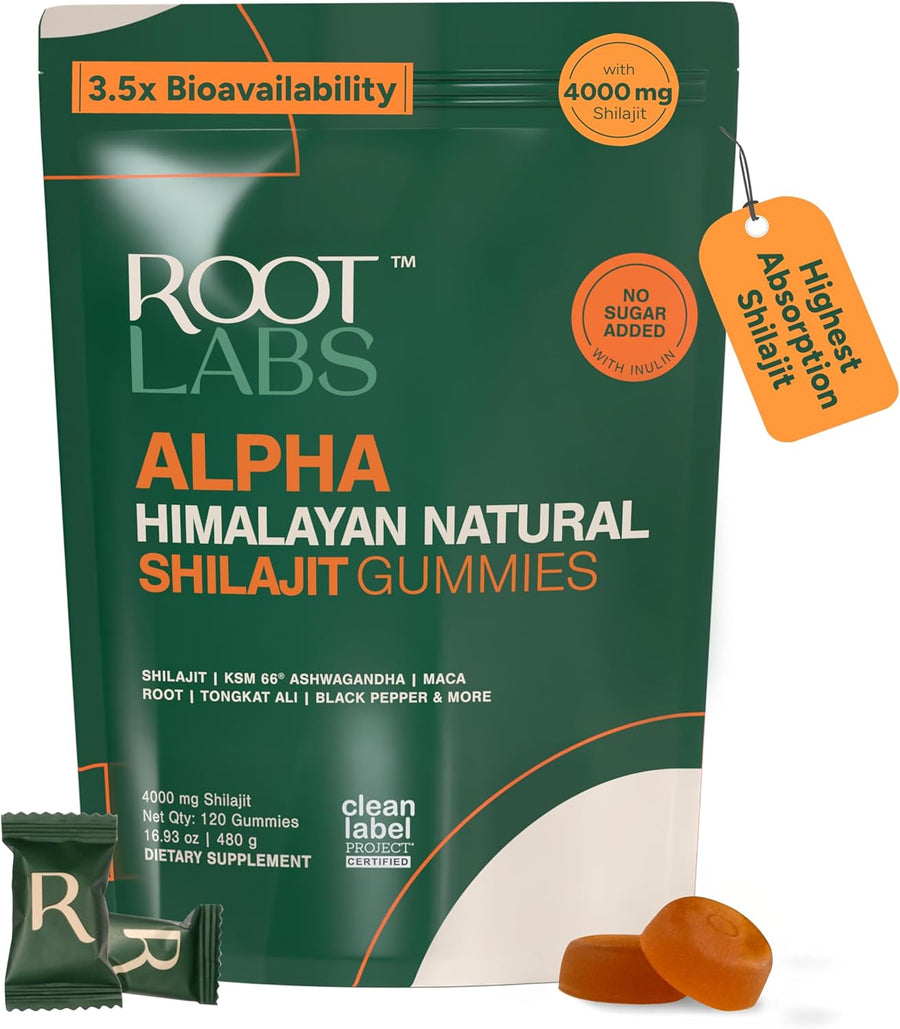 ROOT LABS 10-in-1 Alpha Shilajit Gummies | 4000 mg Pure Himalayan Shilajit with Tongkat Ali & Maca Root | Shilajit for Men & Women | ShilAbsorb Bioavailability Tech | Sugar-Free, Vegan | 60 Gummies