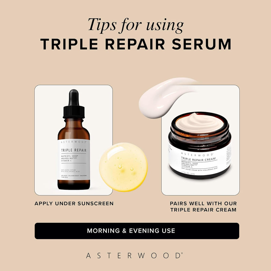 Asterwood Triple Repair Matrixyl 3000 + Argireline + Hyaluronic Acid + Vitamin C Serum for Face - Anti-Aging, Collagen Boosting, Hydrating - Fragrance-Free - 1 Fl Oz