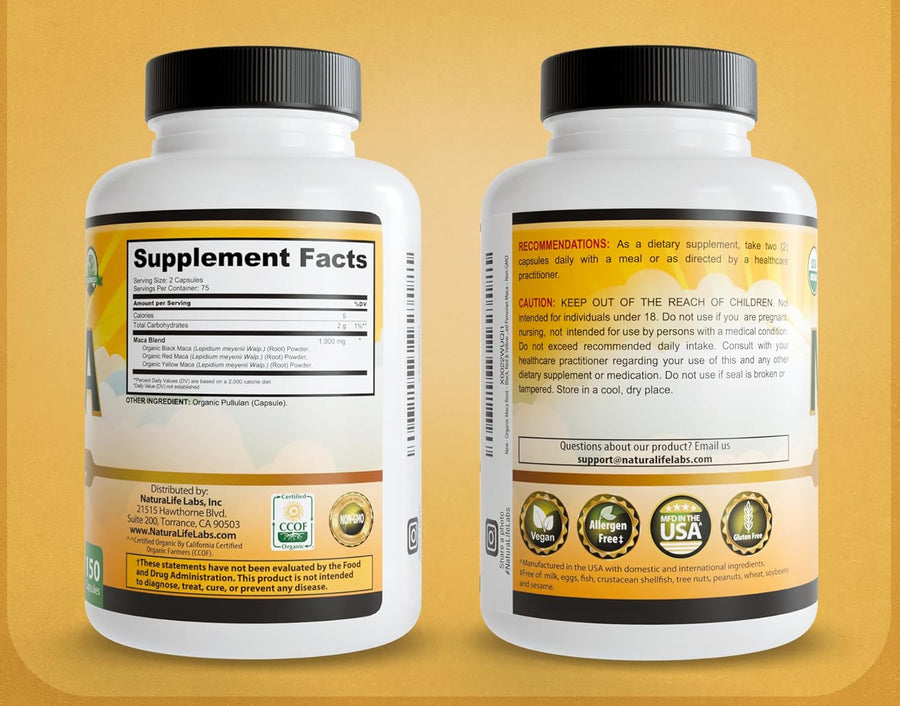 NaturaLife Labs Organic Maca Root – Black, Red & Yellow – 1900 mg per Serving – 150 Capsules – Gelatinized Peruvian Maca – Non-GMO, Gluten-Free, Vegan