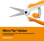 Fiskars Micro-Tip Spring Assisted Scissors, Precision Cutting Stainless Steel Blades, Comfort Handle, Cut Details in Fabric, Sewing Scissors and Arts and Crafts Tools