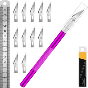 DIYSELF 1 Pcs Craft Knife Hobby Knife with 11 Pcs Stainless Steel Blade Kit, 1pcs Steel 15CM Ruler for Art, Scrapbooking, Stencil (Purple)