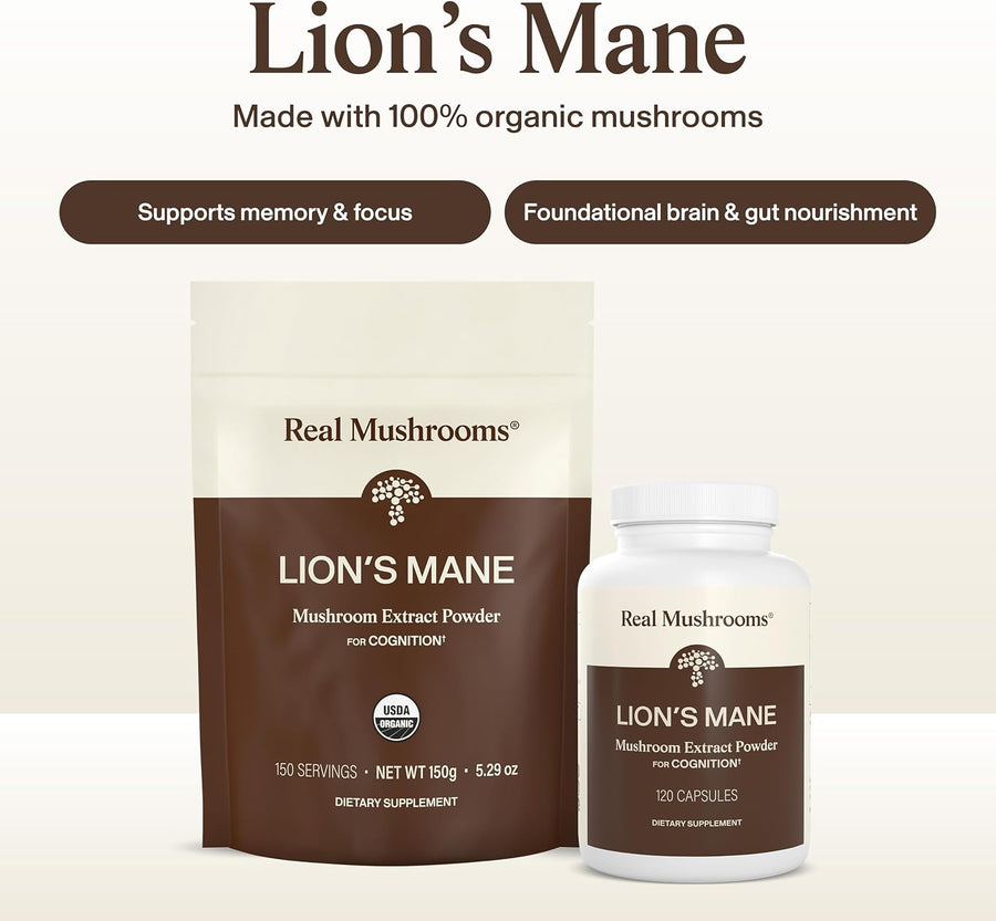 Real Mushrooms Lions Mane Mushroom Cognition (120 Capsules) Lions Mane Mushroom Powder Extract Capsules | Brain Supplement, Brain Vitamins, Focus Supplement