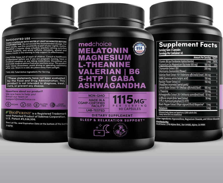 12-in-1 Melatonin Sleep Capsules - Natural Sleep Aids for Adults with Melatonin 5mg and Magnesium Glycinate 500mg, Sleep Aid with Ashwagandha, L Theanine, Valerian Root, GABA, 5-HTP (90ct, Pack of 1)