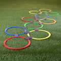 HEY! PLAY! Hopscotch Rings Game - Ten 11-Inch Plastic Rings and 15 Connectors for Indoor and Outdoor Use - Play Set for Girls and Boys (Multicolored)