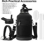 Insulated Water Bottle | Thickened Stainless Steel Vacuum Metal Thermos | Portable Sports Half Gallon Large Water Jug for Gym and Hiking with Straw, Carrier Bag, Handle Strap | BPA-Free 64 oz