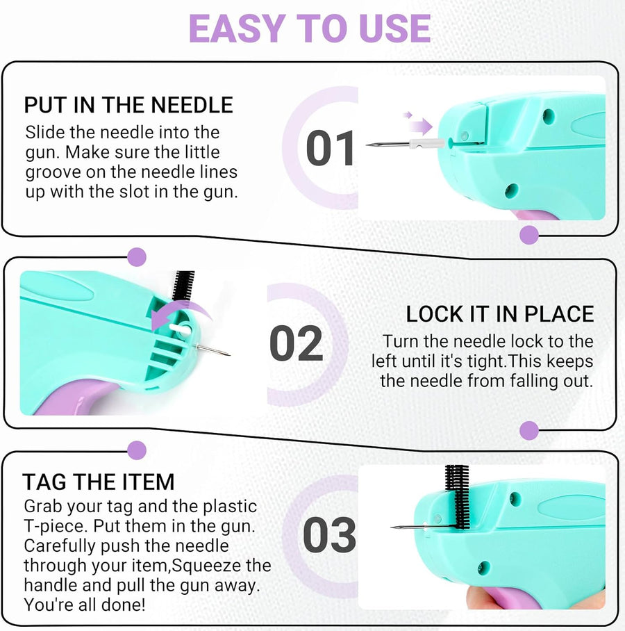 Stitch Gun for Clothes - Handheld Quick Clothing Fixer - Tagging Gun for Clothing, Sewing Kit - Includes 6 Fine Needles, 1000 Black & 1000 White Fasteners (Purple Green)