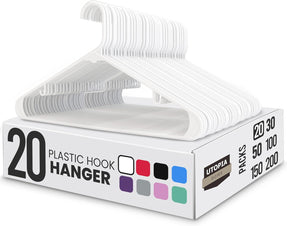 Utopia Home Plastic Hangers 20 Pack - Space Saving Clothes Hanger - Durable & Strong Closet Organizers and Storage with Built-in Strap Hooks - Essential for Shirts, Pants, Skirts & Coats (White)