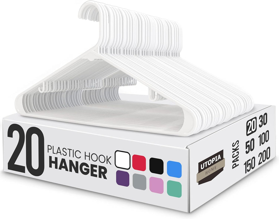 Utopia Home Plastic Hangers 20 Pack - Space Saving Clothes Hanger - Durable & Strong Closet Organizers and Storage with Built-in Strap Hooks - Essential for Shirts, Pants, Skirts & Coats (White)