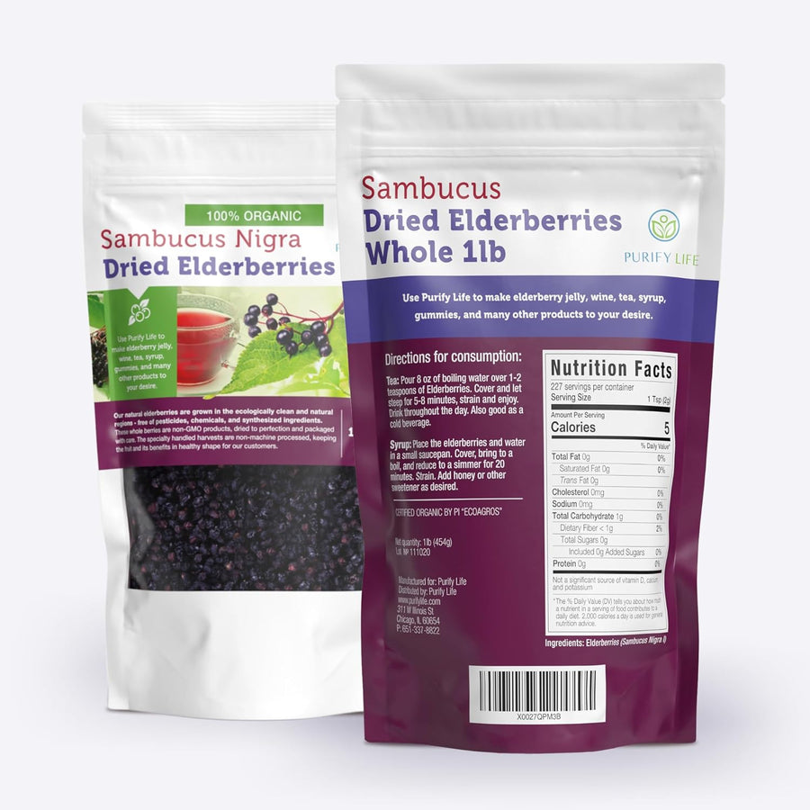 Certified USDA - 100% Organic Dried Elderberries - 1lb Bulk - Non-Irradiated, Non-Gmo, Whole Black Elderberry Immune Support For Making Elder Syrup, Gummies, Tea - Raw Vegan Sambucus 1 Pound