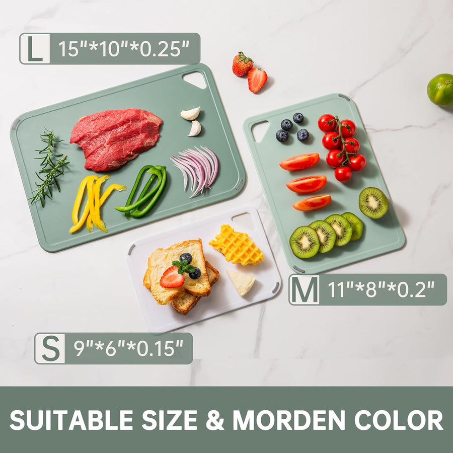 Plastic Cutting Board Set of 3-Cutting Boards for Kitchen BPA Free, Large-Small Chopping Boards Non-Slip for Cooking Camping Dishwasher Safe, Reversible, with Grip Handle, 15"×10"×0.6" Green