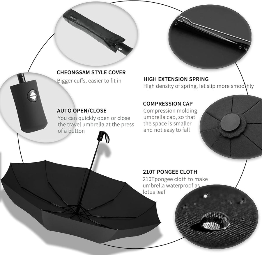 SIEPASA Compact Travel Umbrella - Windproof Auto Open/Close, Small Folding Umbrella for Rain - Lightweight & Durable with Fiberglass Frame, Waterproof Canopy - Fits Backpack, Purse, Suitcase. (Black)