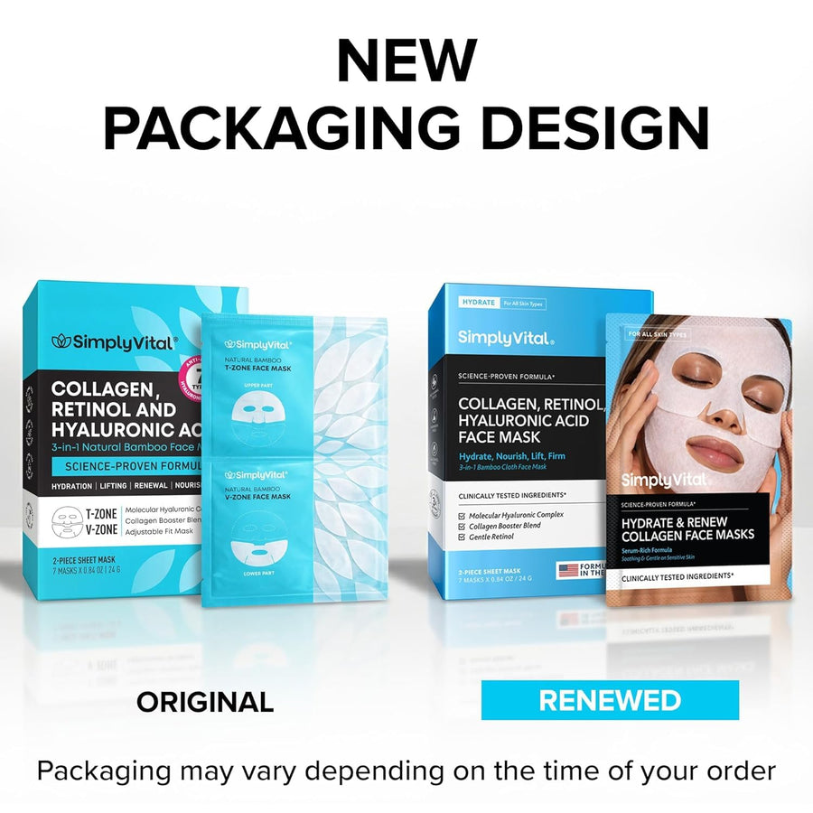 SimplyVital Collagen Facial Mask with Retinol & Hyaluronic Acid - Hydrating Face Masks Skincare - T Line & V Line Sheet Mask for Women Skin Care - Mascarillas Para la Cara - Cloth Face Masks - 7 Pack
