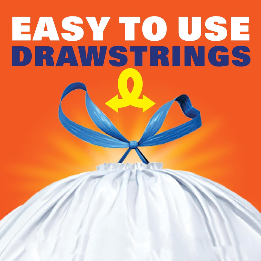 Hefty Strong White 13 Gallon Trash Bags with Drawstrings, Unscented Tall Kitchen Trash Bags, Resists Leaks, Punctures, and Tears, Durable Closure, 120 Ct.