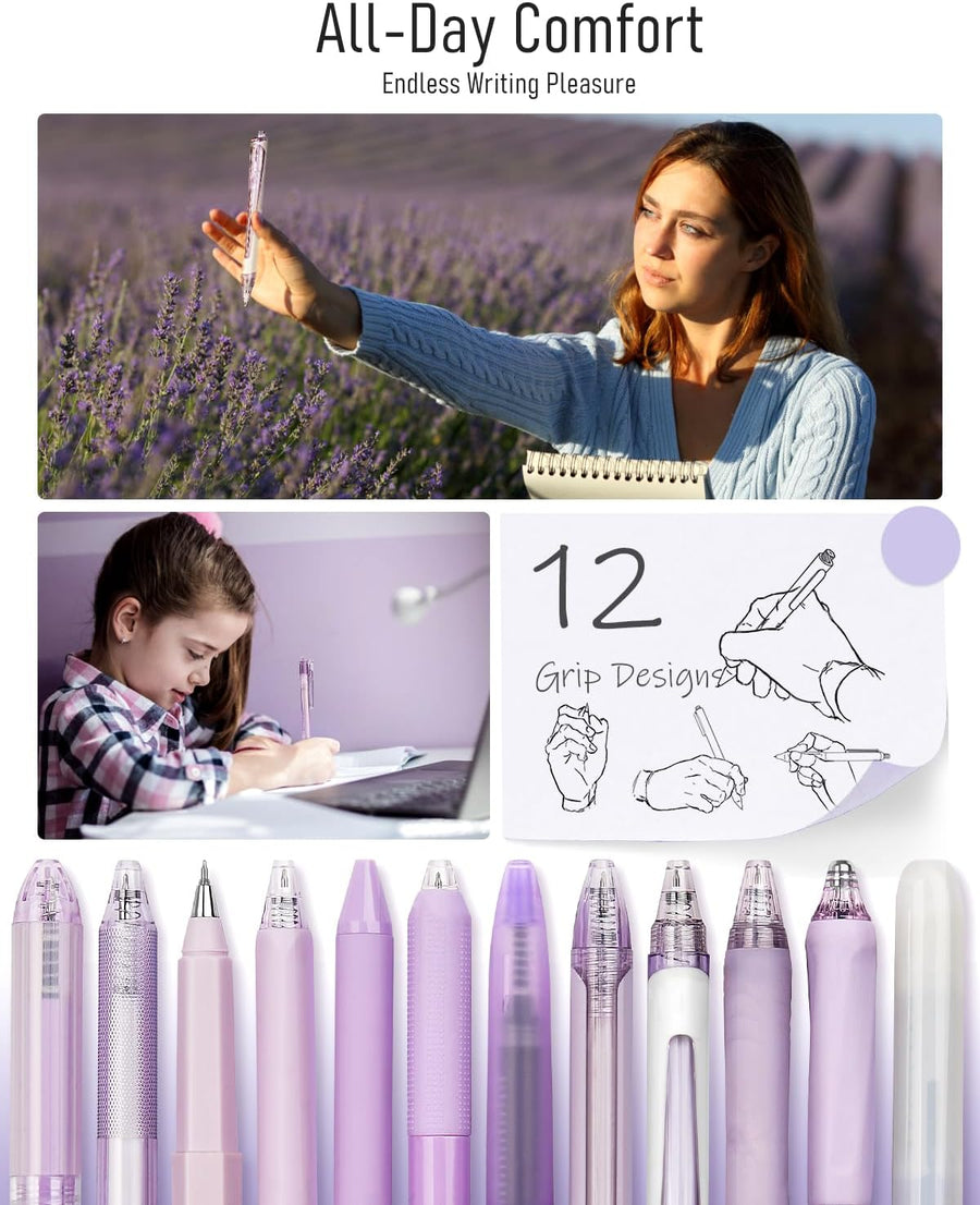 Four Candies Lavender Series Gel Pens, Black & Purple Ink Writing Pens with 0.5 mm Smooth Fine Point, School Office Stationery Supplies Desk Accessories Stocking Stuffers Gifts for Women, Set of 12