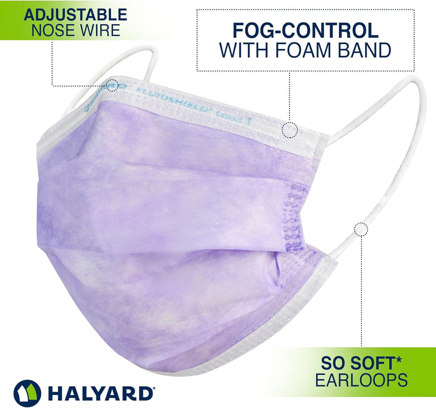 HALYARD FLUIDSHIELD 1 Disposable Procedure Mask with SO SOFT Lining and SO SOFT Earloops, Lavender, 25868 (Box of 50)
