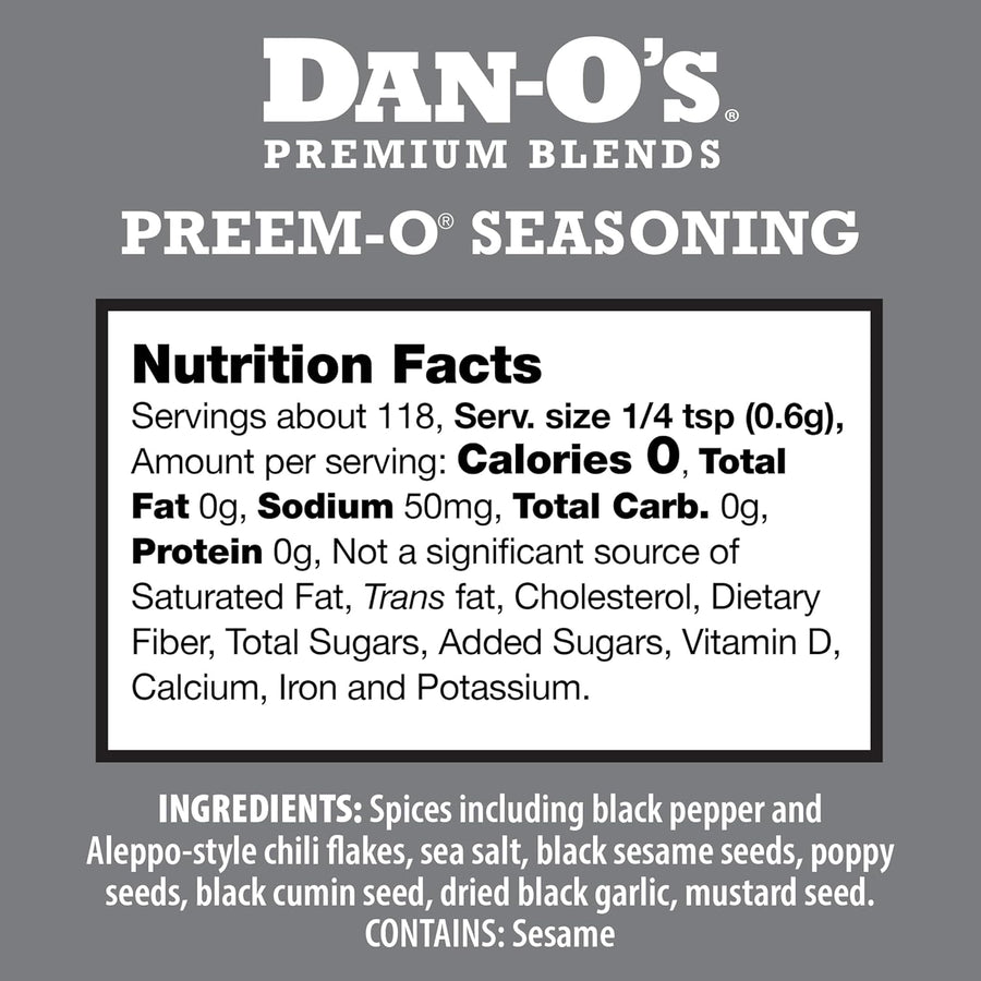 Dan-O's Preem-O Seasoning, 2.5 oz Bottle, Meat Seasoning for Steak, Ribs, Chicken, Brisket and More, Sugar Free, Zero Calorie, Use this Spice Blend to Craft a Marinade, Dry Rub or Sauce