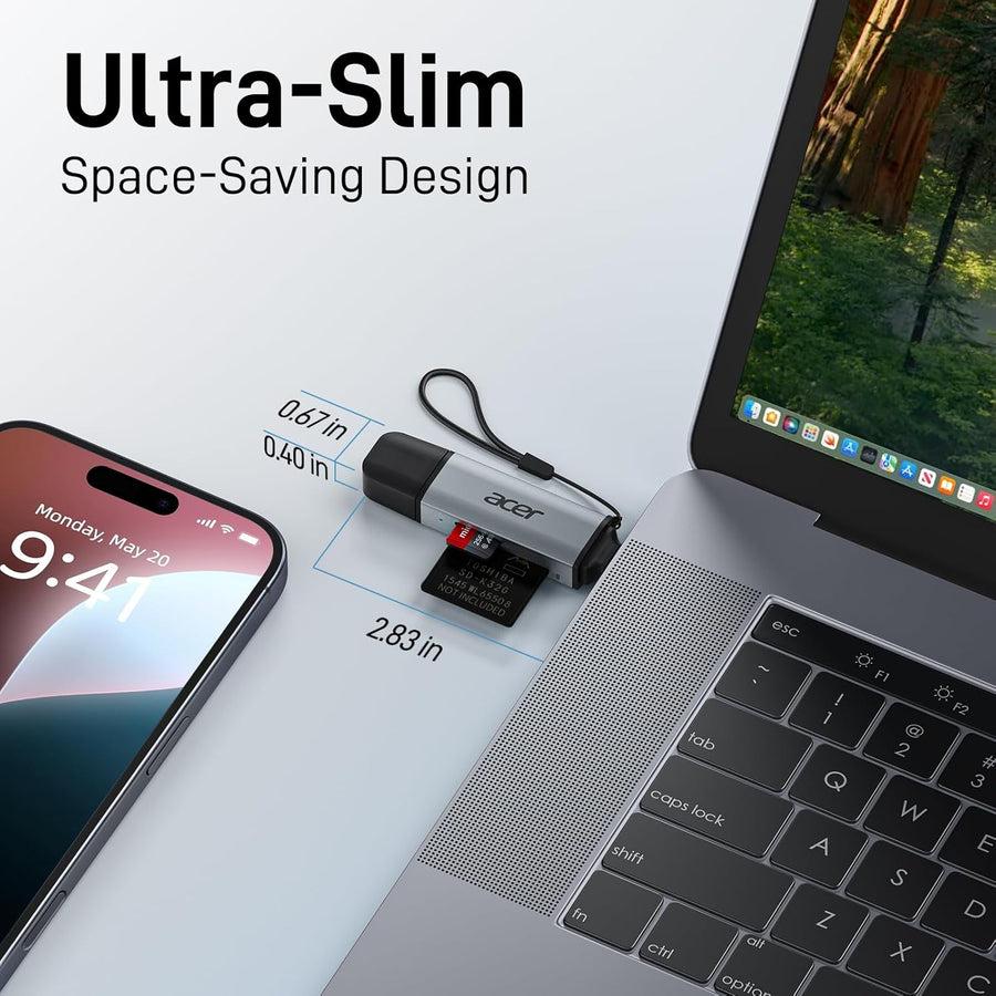 acer SD Card Reader USB C, Dual Slots USB 3.0 Type C to Micro SD Card Adapter, Memory Card Reader for MicroSD, SDHC, SDXC, Compatible with Laptop, PC, iPhone16/15, MacBook Pro/Air, iPad Pro, Android
