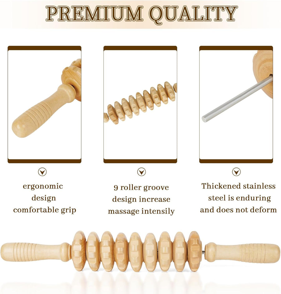 Liitrton Manual Wooden Fascia Massage Roller Trigger Points Straight-9-Wheel for Cellulite Sore Muscle