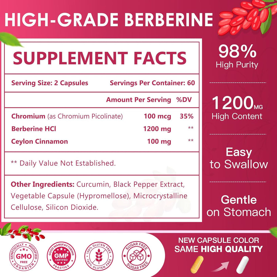 NATURE TARGET Berberine HCL 1200mg, Berberine Supplement with Ceylon Cinnamon, Chromium - Supports Immune, Gastrointestinal & Digestive Health, Non-GMO, 120 Capsules