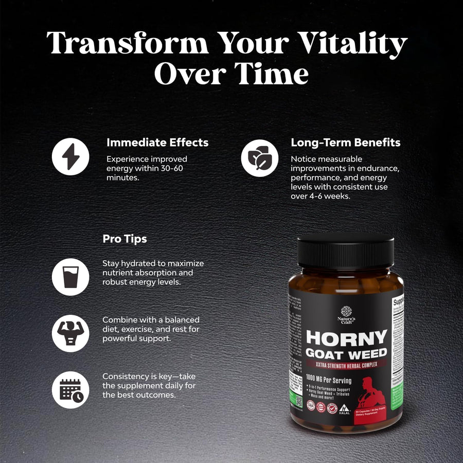 Horny Goat Weed for Men - Extra Strength Male Supplement with Black Maca Root, Tongkat Ali, Saw Palmetto & Panax Ginseng Extract for Stamina & Energy - 60 Count