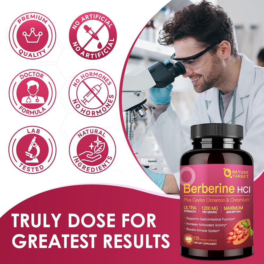 NATURE TARGET Berberine HCL 1200mg, Berberine Supplement with Ceylon Cinnamon, Chromium - Supports Immune, Gastrointestinal & Digestive Health, Non-GMO, 120 Capsules