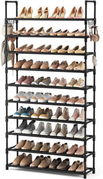 10-Tier Shoe Rack for Closet & Entryway – 50 Pair Large Capacity Shoe Organizer with Hooks & Anti-Fall Rails – Metal Frame Storage Shelf for Bedroom, Apartment, Hallway