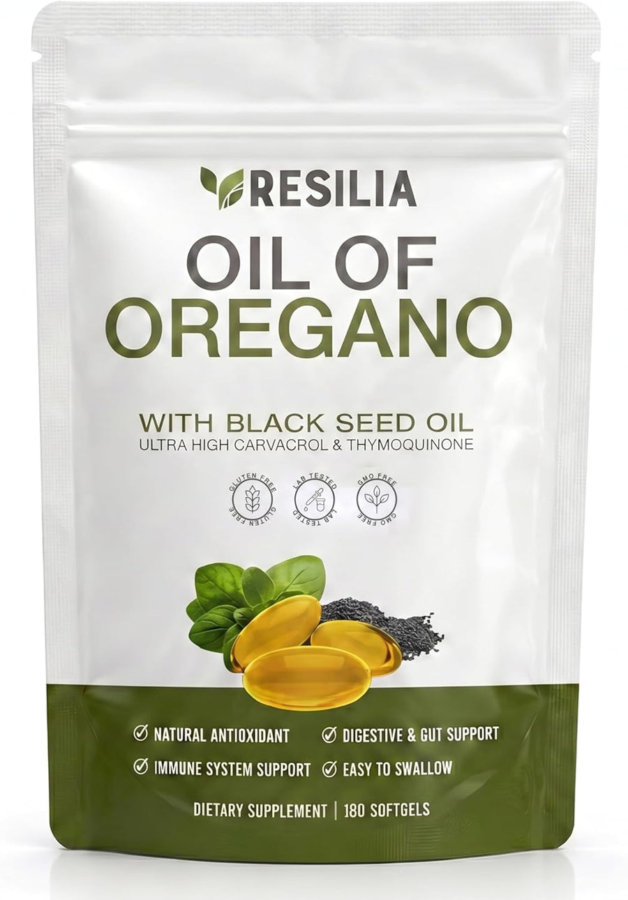 Resilia Softgels with Black Seed Oil 6000mg – Premium Grade Oregano Oil Capsules for Immune & Digestive Support – Non-GMO, Gluten-Free Softgels – Natural Herbal Wellness Supplement (60 Count)