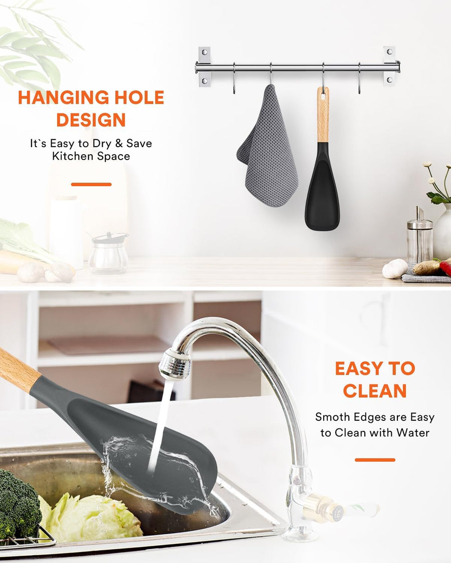 Cooking Spoon for Nonstick Cookwares, Great for Cooking and Serving Sturdy BPA-Free Matte Silicone, Wood Handle Spoon for Mixing, Scoop, and Scrape (Black & Grey, 11.4 inch)