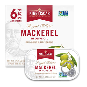 King Oscar Mackerel in Olive Oil, 4.05 Ounce Can (Pack of 6, Packaging May Vary), Skinless & Boneless, Wild Caught Canned Mackerel