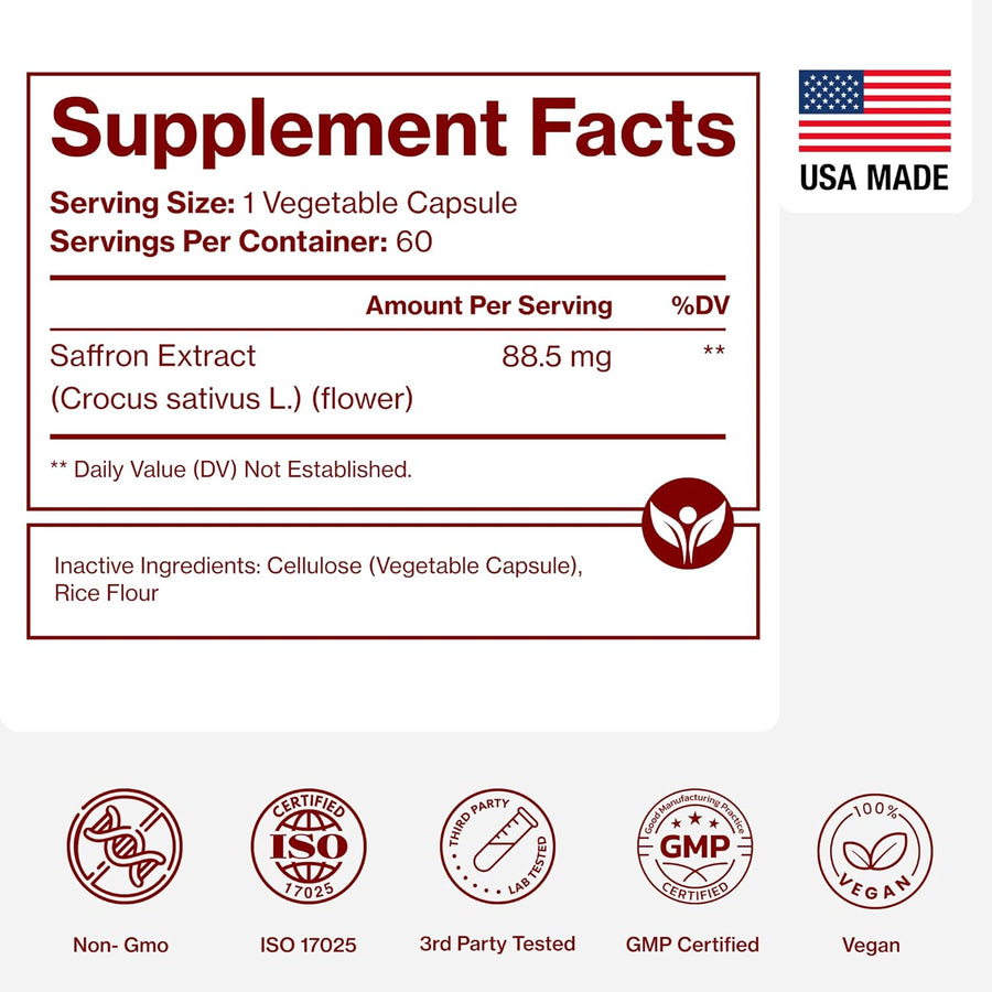 Saffron Supplements - 100% Pure Saffron Extract Capsules - Boost Energy & Mood, Support Eye & Heart Health