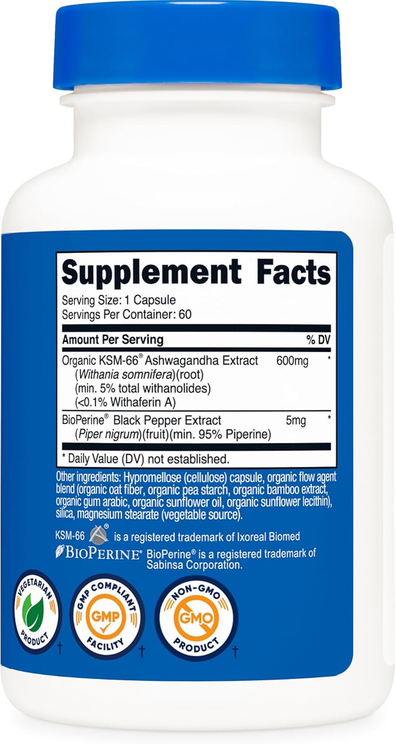Nutricost KSM-66 Ashwagandha Root Extract 600mg, 60 Veggie Caps - 5% Withanolides - with BioPerine - Full-Spectrum Root Extract