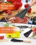 Cooking Spoon for Nonstick Cookwares, Great for Cooking and Serving Sturdy BPA-Free Matte Silicone, Wood Handle Spoon for Mixing, Scoop, and Scrape (Black & Grey, 11.4 inch)