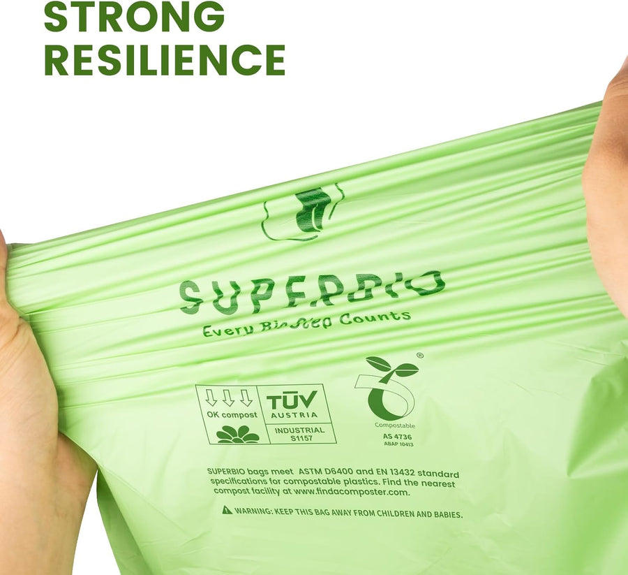 SUPERBIO 13 Gallon Compostable Drawstring Kitchen Waste Bag, 49.2 Liter, 30 Count,1 Mil, Heavy Duty Food Scrap Bags, BPI, Seedling and OK compost INDUSTRIAL