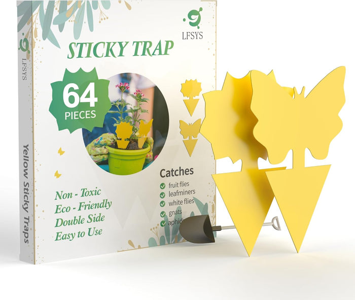 64 Pcs Sticky Trapz for gnat, Yellow Stick Traps for Plants, Fungus gnat Traps Double Side with Shovel, Indoor Safe for Gnat, Fruit Fly, White Fly, Aphid, Leaf Miner