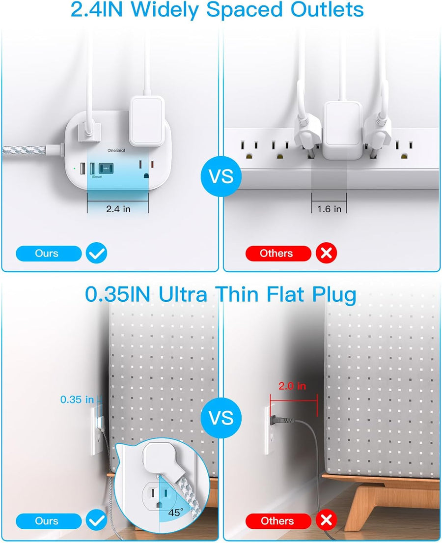 Cruise Essentials 2025,One Beat Travel Power Strip with USB C,Flat Plug Extension Cord with 3 Outlets 4 USB Ports(2 USB C),5 ft Desk Wall Outlet Extender,Non Surge Protector for Cruise,Dorm Room,ETL