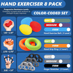 Grip Strength Trainer Set (8 Pack) - Forearm Strengthener, Stress Balls, Hand Therapy Equipment
