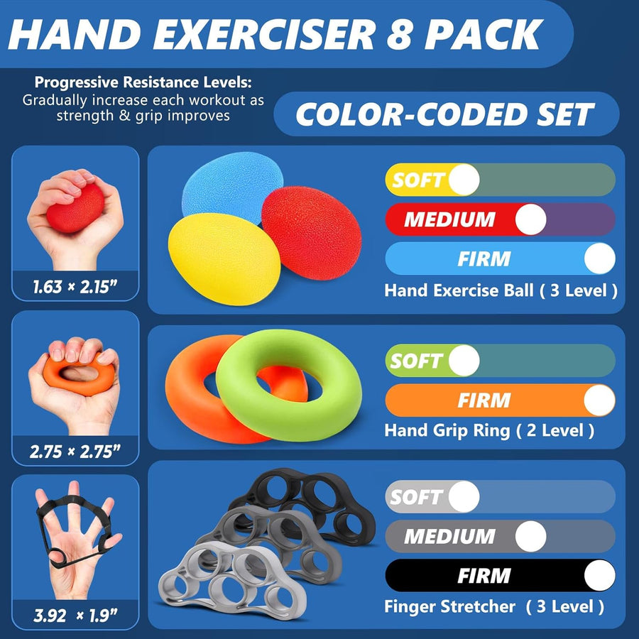Grip Strength Trainer Set (8 Pack) - Forearm Strengthener, Stress Balls, Hand Therapy Equipment
