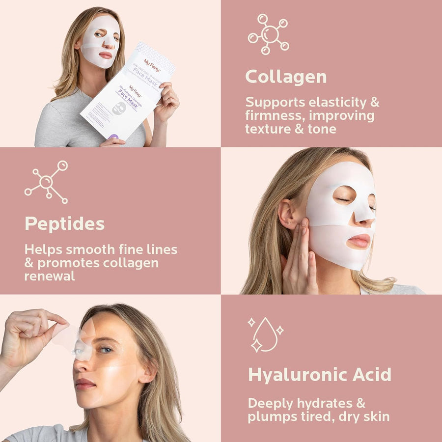Bio Collagen Overnight Facial Mask with Peptides, Hyaluronic Acid & Antioxidants, Brightening Hydrating Korean Hydrogel Face Mask for Women, Skincare Sheet Mask - 4 Pack
