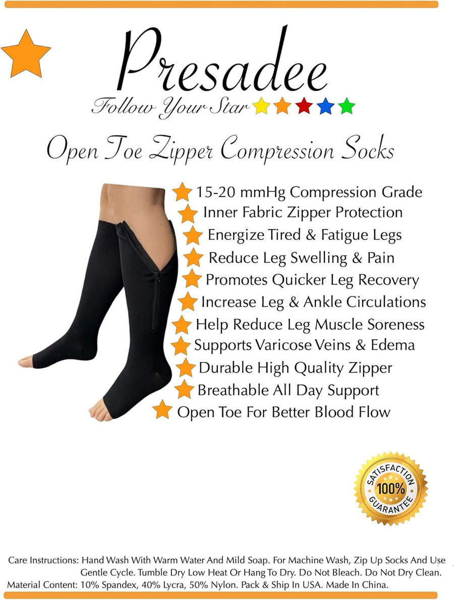 Presadee 15-20 mmHg Moderate Compression Open Toe Zipper Sock
