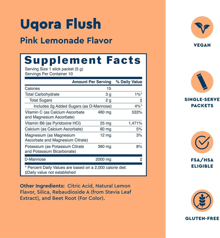 Uqora Flush - Urinary Tract* with D-Mannose, Vitamin C, Vitamin B6, Potassium, Magnesium & Calcium - Gluten-Free & Vegan - Pink Lemonade Flavor - 10 Packets (1 Pack)