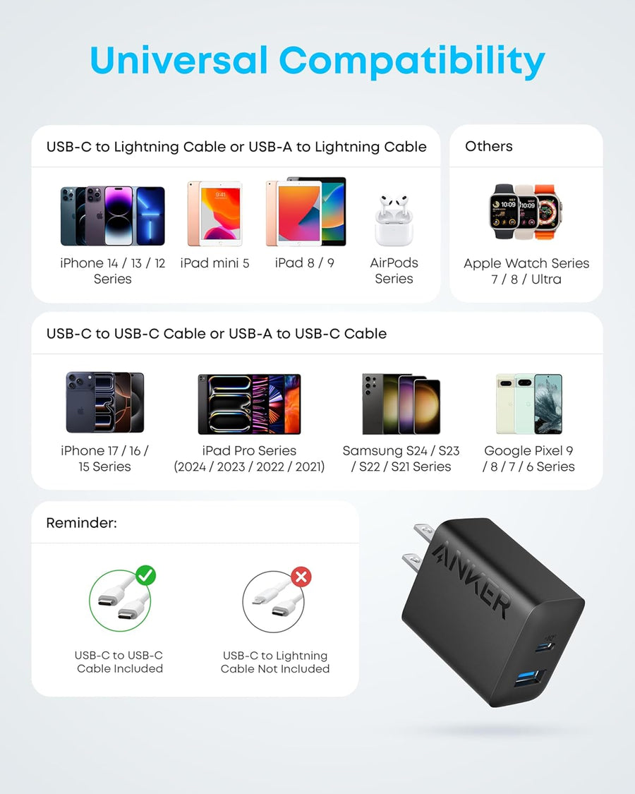 Anker iPhone 17/16 Charger, 2-Pack 20W Fast USB C Charger Block, for iPhone 16/16 Pro Max/15 Series/iPad Pro and More (Black, 2 Pack & 2 Cable)