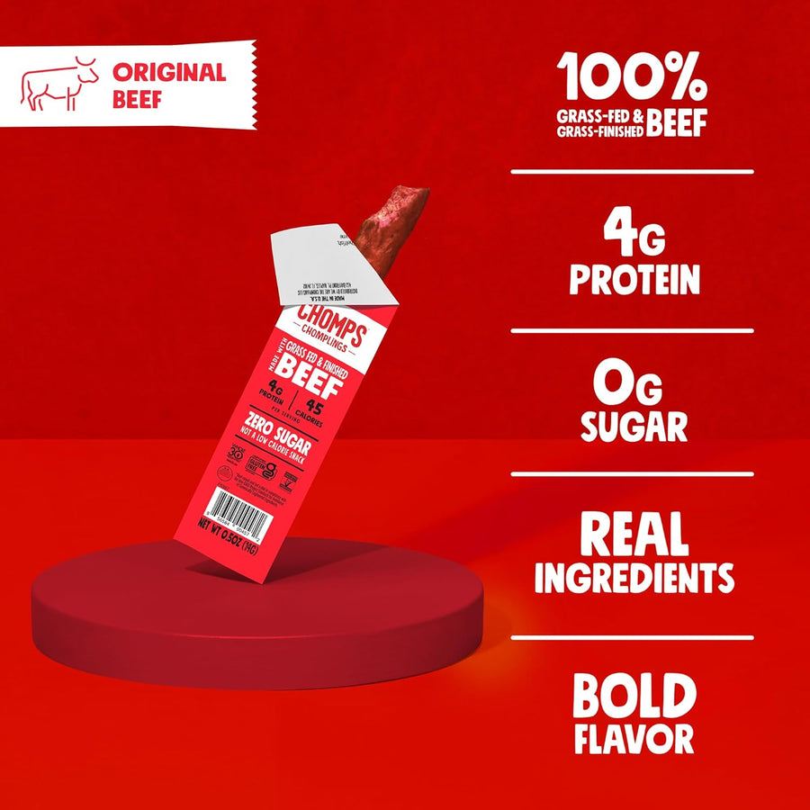 Chomps Snack Size Grass-Fed Original Beef Jerky Snack Sticks 0.5oz 24-Pack - Keto, Paleo, Whole30, 4g Lean Meat Protein, Gluten-Free, Zero Sugar Food, Non-GMO Chomplings