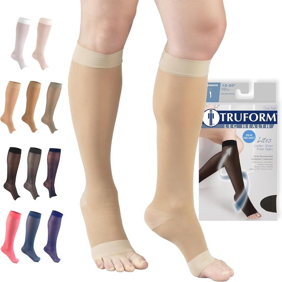Truform 15-20 mmHg Women's Knee High Compression Stockings, Open Toe, Medium