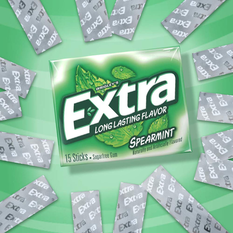Extra Gum Spearmint Sugarfree Gum Bulk, Individually Wrapped, Perfect for Long Lasting Fresh Breath at School, Work & Travel 15 Count, Pack of 10