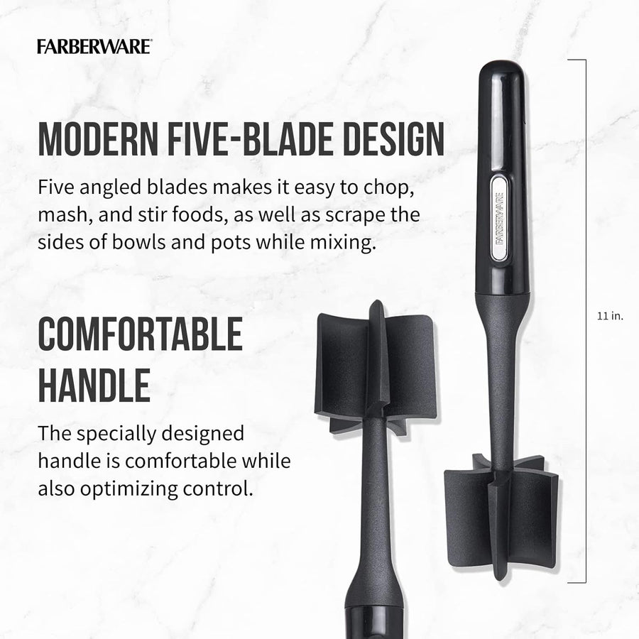 FARBERWARE Nylon Meat and Potato Masher – 5-Blade Ground Meat Chopper, Heat-Resistant to 450°F, Safe for Nonstick Cookware, Ergonomic Handle, 10-Inch, Dishwasher-Safe, Black