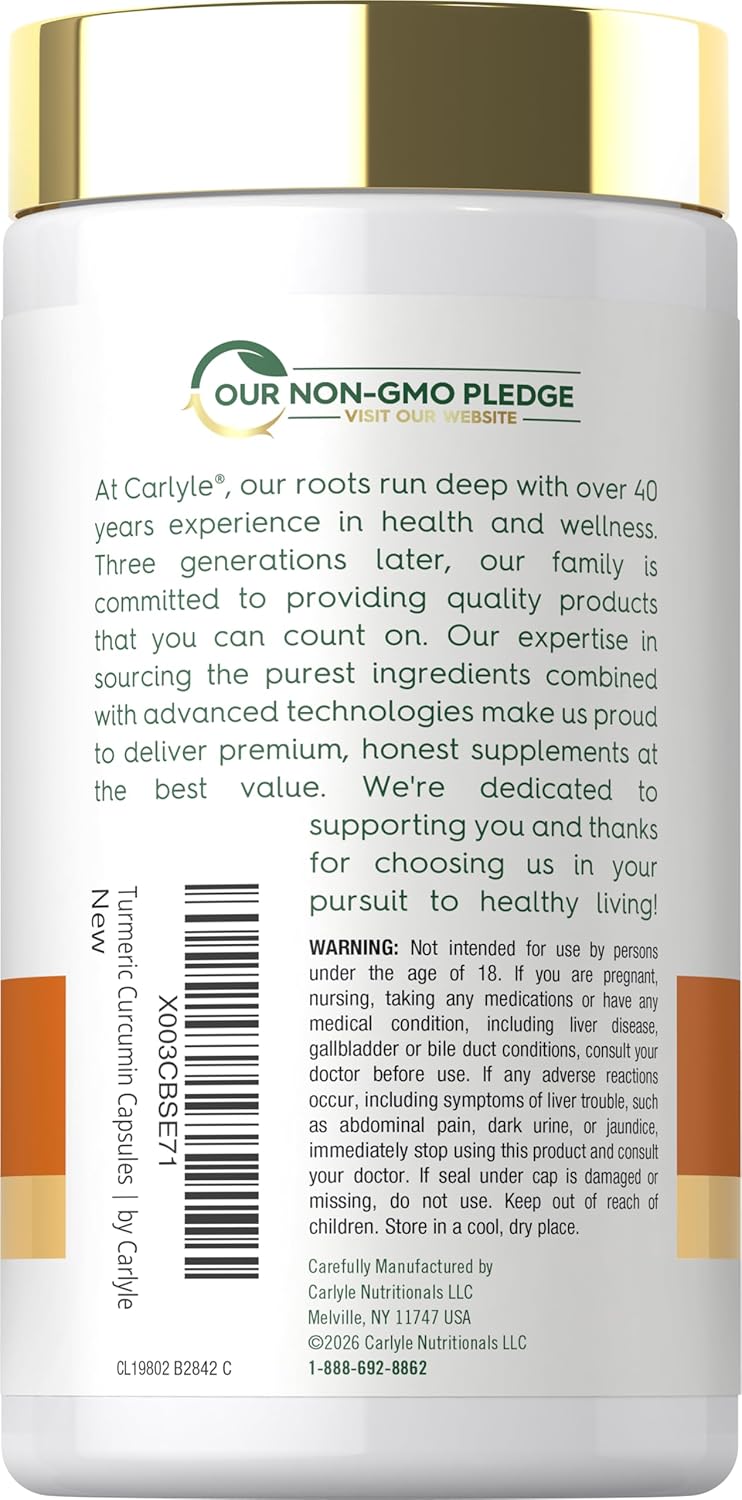 Carlyle Turmeric Curcumin with Black Pepper | 180 Capsules | Turmeric Complex Supplement | Non-GMO, Gluten Free