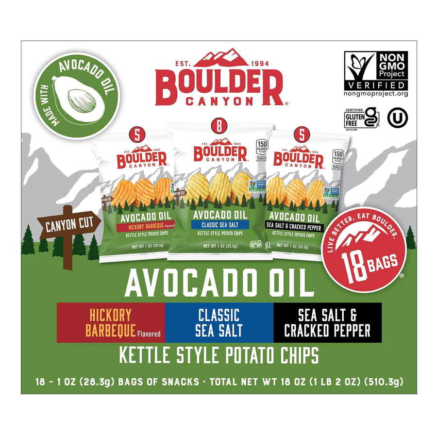 Boulder Canyon Avocado Oil Kettle Style Potato Chips Variety Pack, 18 Count - Gluten-Free, Non-GMO, Hickory Barbecue, Classic Sea Salt, Sea Salt & Cracked Pepper (1 oz Bags)